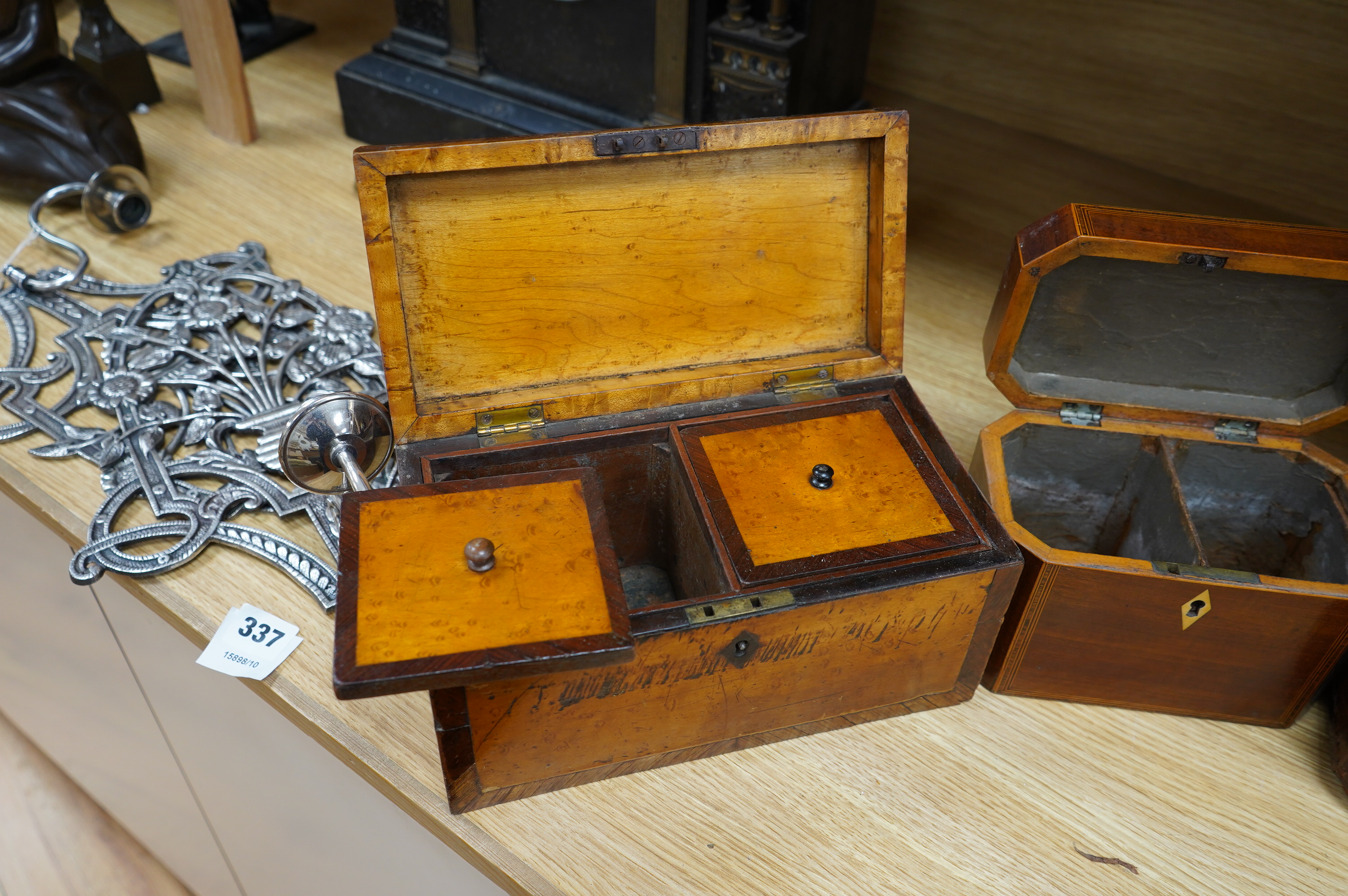 A 19th century mahogany work box and two tea caddies, largest work box 29cm wide, 20cm deep (3). Condition - poor to fair